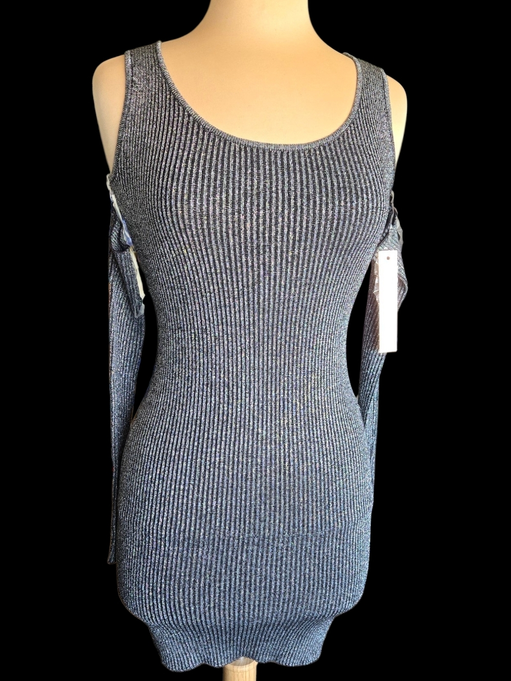 Hot Topic Blk/Sliver Metallic Ribbed Bidycon Mini Dress W/ Detached Sleeves Sz S